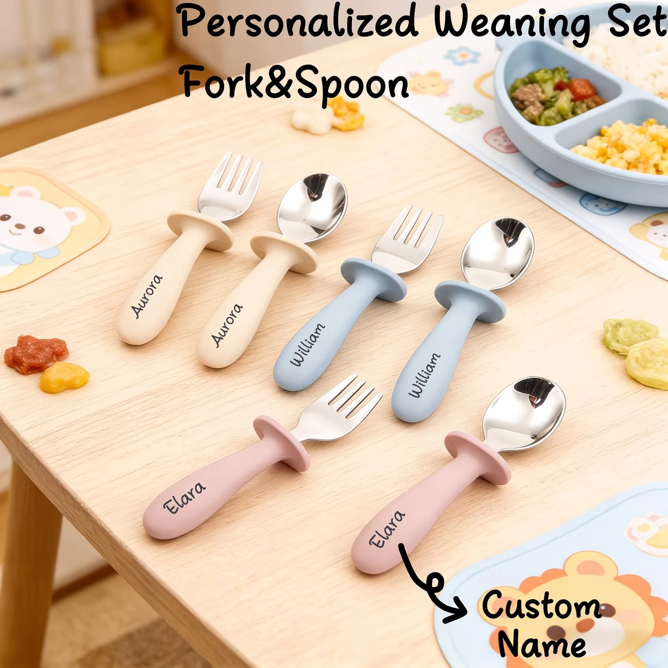 1Set Personalized Stainless Steel Baby Fork & Spoon Set,Custom Engraved Durable Baby Feeding Weaning Set,Baby Shower Gift