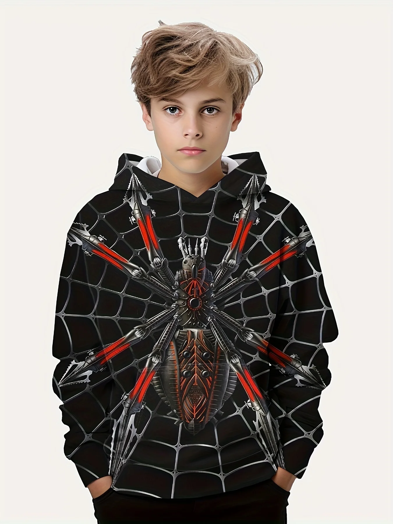 Cute, comfortable, and fashionable 3D mechanical spider print hoodie, suitable for boys' fashionable spring and autumn styles