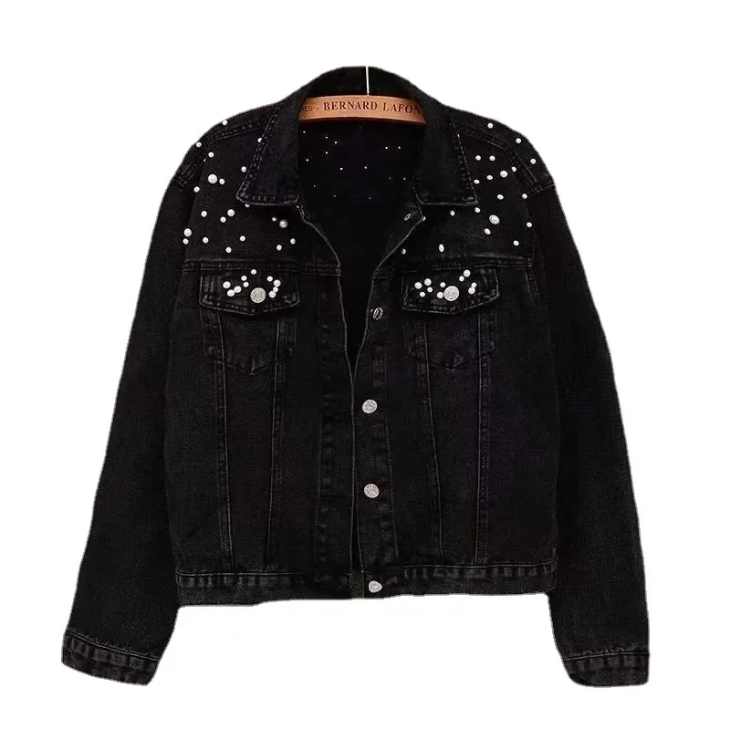 Blue Black Denim Jacket Woman Denim Coat Turn Down Collar Single Breasted Beaded Pearl Loose Casual Regular Short Jacket