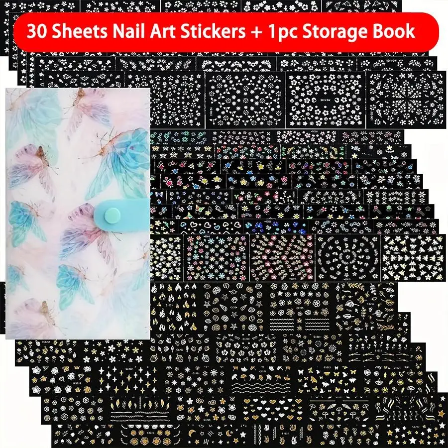 30 Sheets Nail Art Stickers & 1pc Storage Book,3D Self-Adhesive White Floral Nail Stickers Designs  for DIY Manicure Decorations