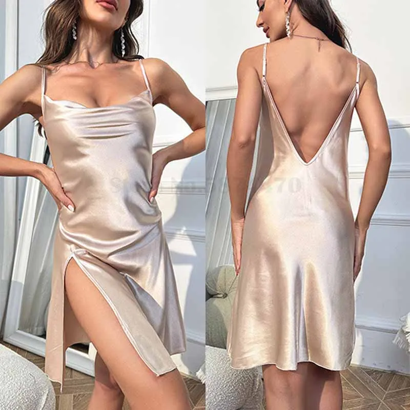 Sexy Split Lingerie Sleepwear Spaghetti Strap Home Dressing 2024 Summer Chemise Nightdress Women Satin Solid Color Nightgowns