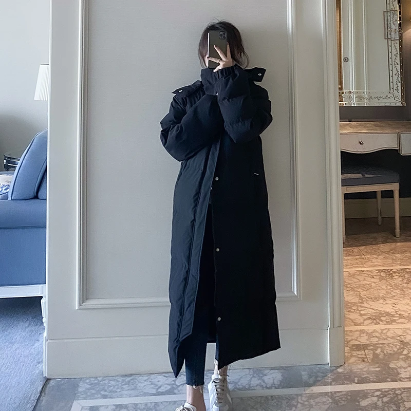 معطف Bla طويل فوق الركبة للنساء من القطن Jaet Thiened معطف الطالب الشتوي Faion Commute Sle زر سحاب لون نقي