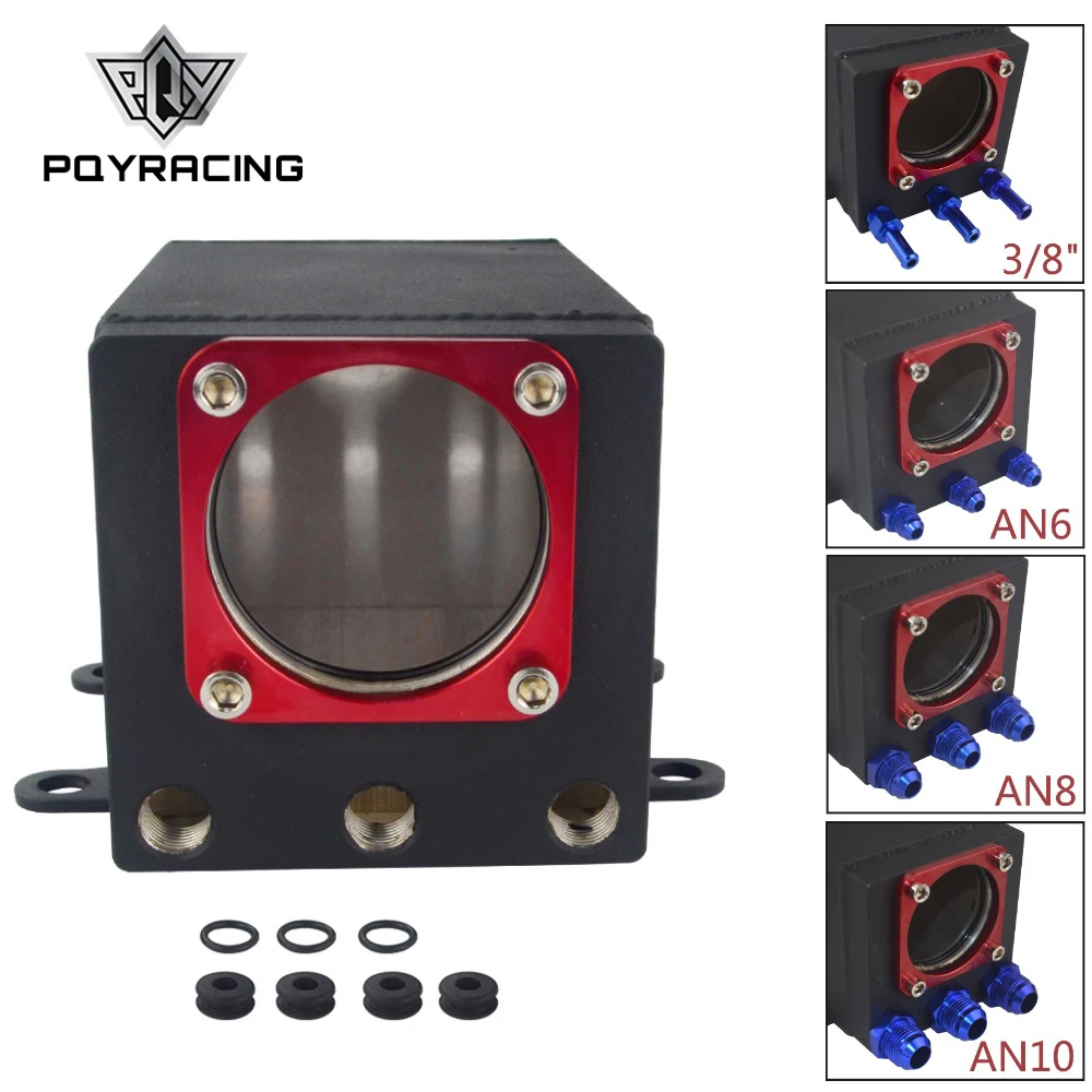 PQY - 60mm External 044 Fuel Pump Tank Racing Black Billet Aluminium AN6 AN8 AN10 Fitting Oil Catch Can Fuel Surge Tank