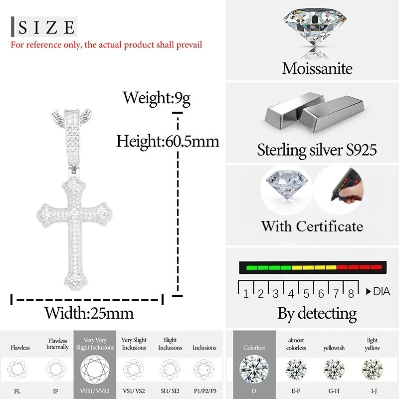 TUHE Unisex S925 Cross Pendant Necklace Iced Out Moissanite Gold Silver Color Cross Charm For Men Women Hip Hop Fine Jewelry