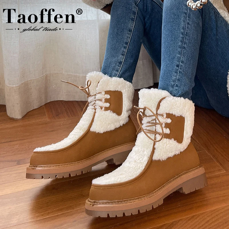 

Taoffen Size 35-40 Women Snow Boots Real Leather Thick Fur Warm Woman Shoes Winter Fashion Daily Ankle Boots Ladies Footwear