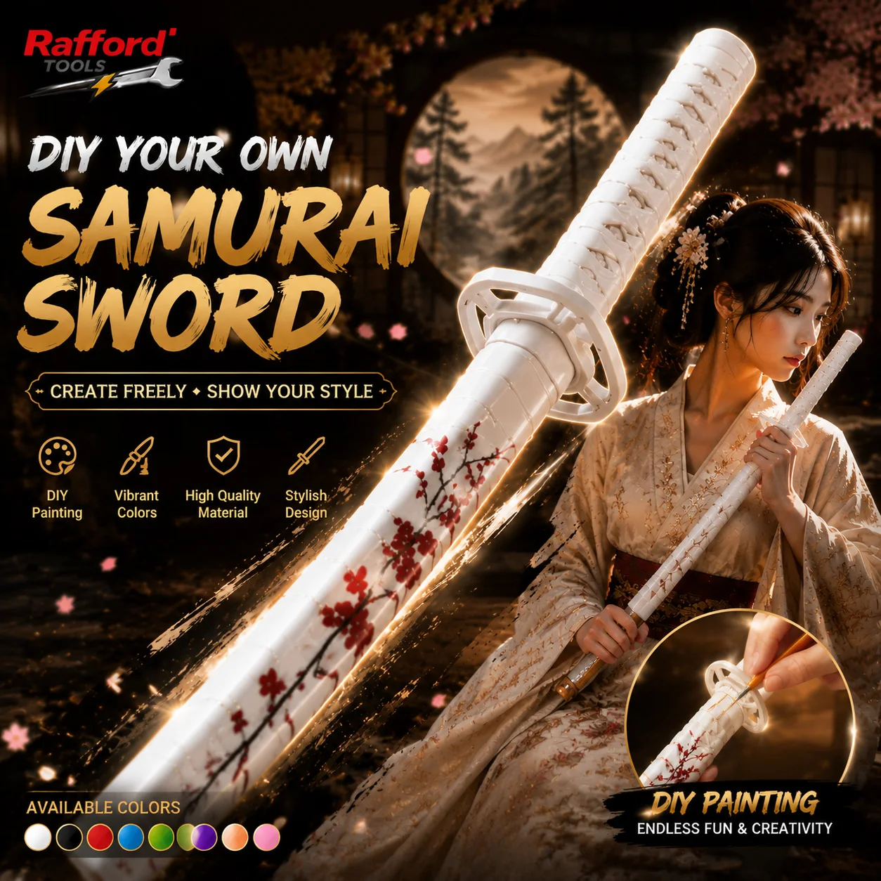 Rafford Retractable Samurai Sword DIY Paintable Katana Toy Cosplay Prop Japanese Style Sword Display Gift for Kids & Adults