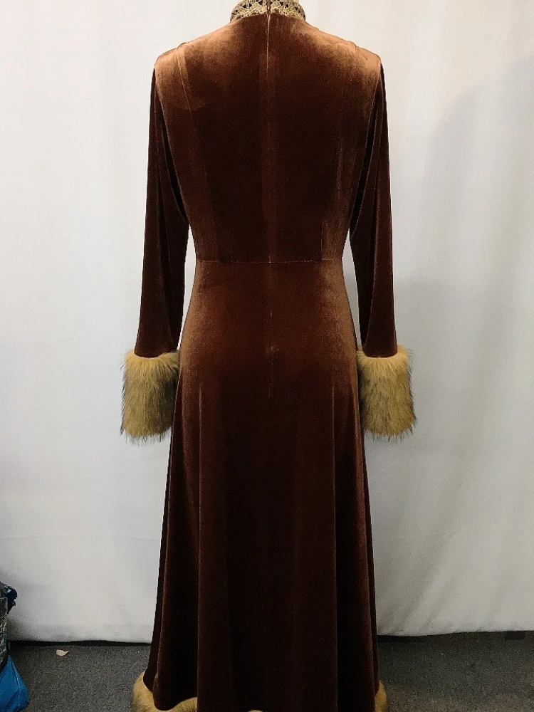 Faux Pelz Kragen Gürtel Taille Cut Out frauen Herbst Winter Neue Elegante Langarm Retro Rundhals Kleid