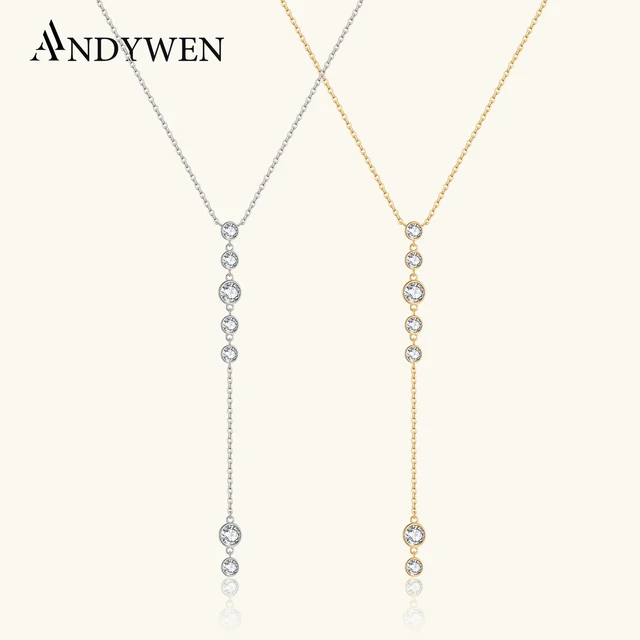 ANDYWEN 925 Sterling Silver długi złoty łańcuch cyrkon CZ wisiorek naszyjnik Drop kobiety luksusowa doskonała biżuteria na ślub