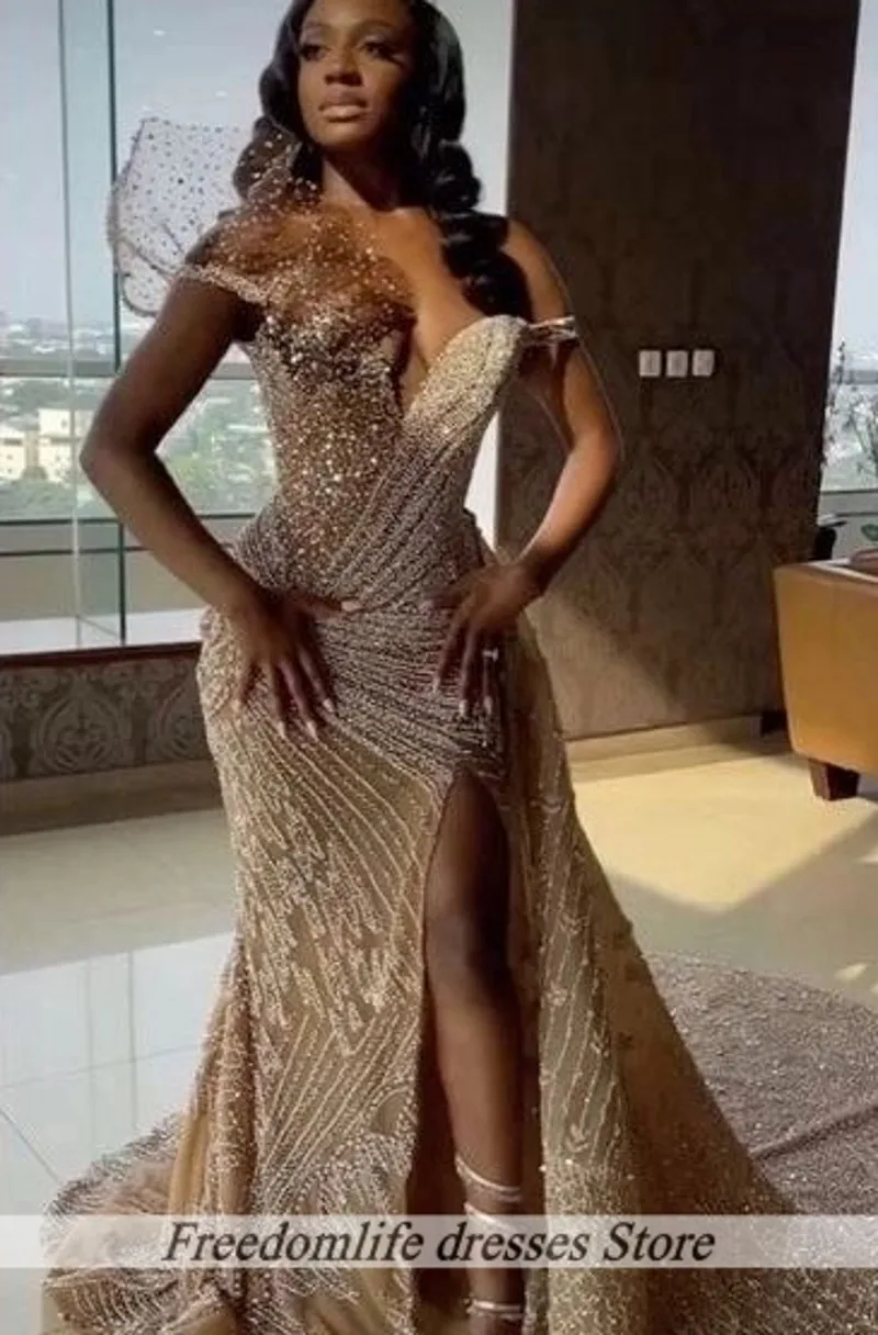 매력적인 V넥 이브닝 드레스 비딩 러플 머메이드 프롬 드레스 스플릿 크리스탈 스팽글 생일 파티 가운 맞춤 제작