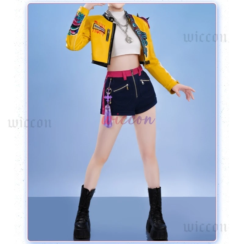 Anime Demon Hunters Rumi Cosplay Costume Wig Yellow Coat Shorts Full Set Huntrix Halloween Carnival Party Suit For Women