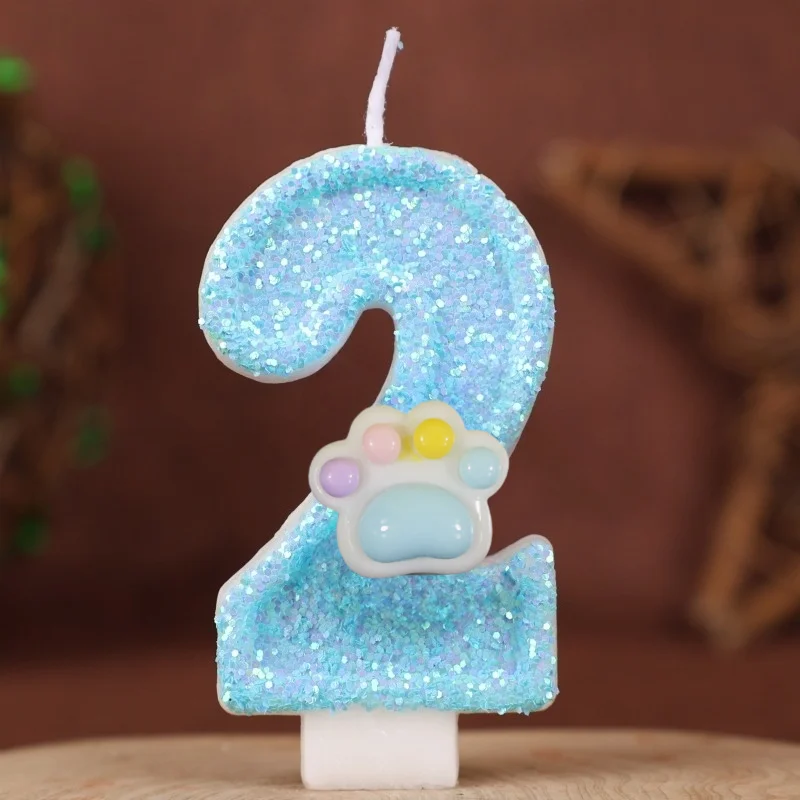 3D Number Candles Cake Decorating Glitter Blue Claw Theme Number Candles Paws Cake Topper Birthday Party Cake Decoration