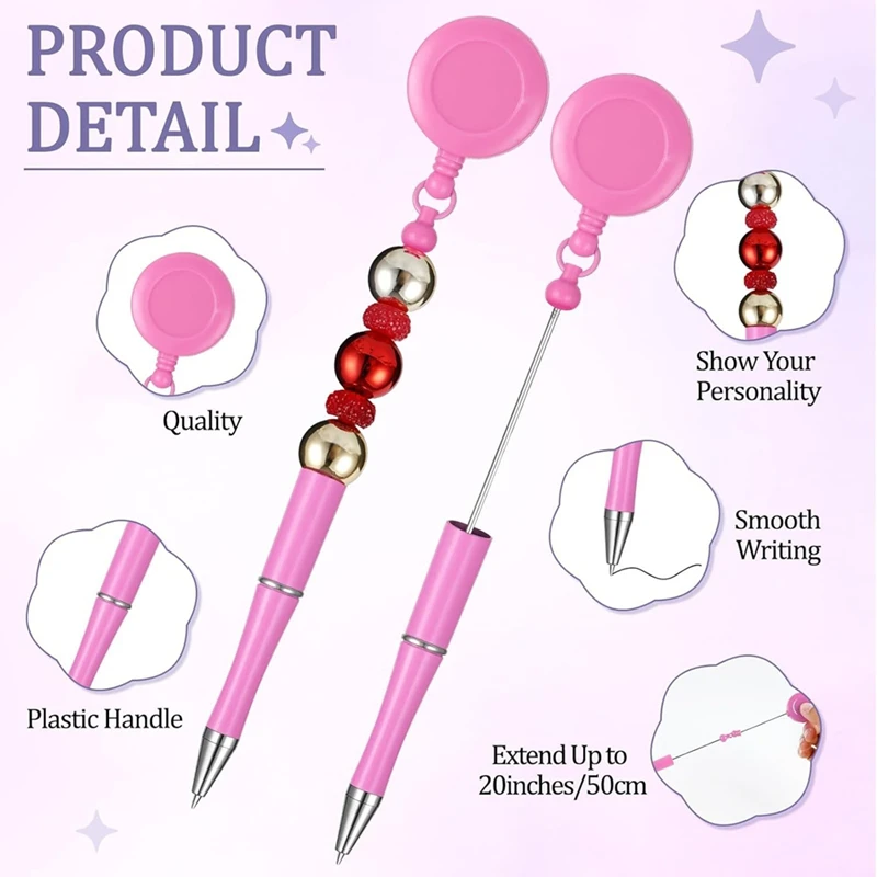 10Pcs Bead Pens, Retractable Badge Scroll Clip Pull-On Ballpoint Pen DIY Pen For Nurses Teachers Students Staff