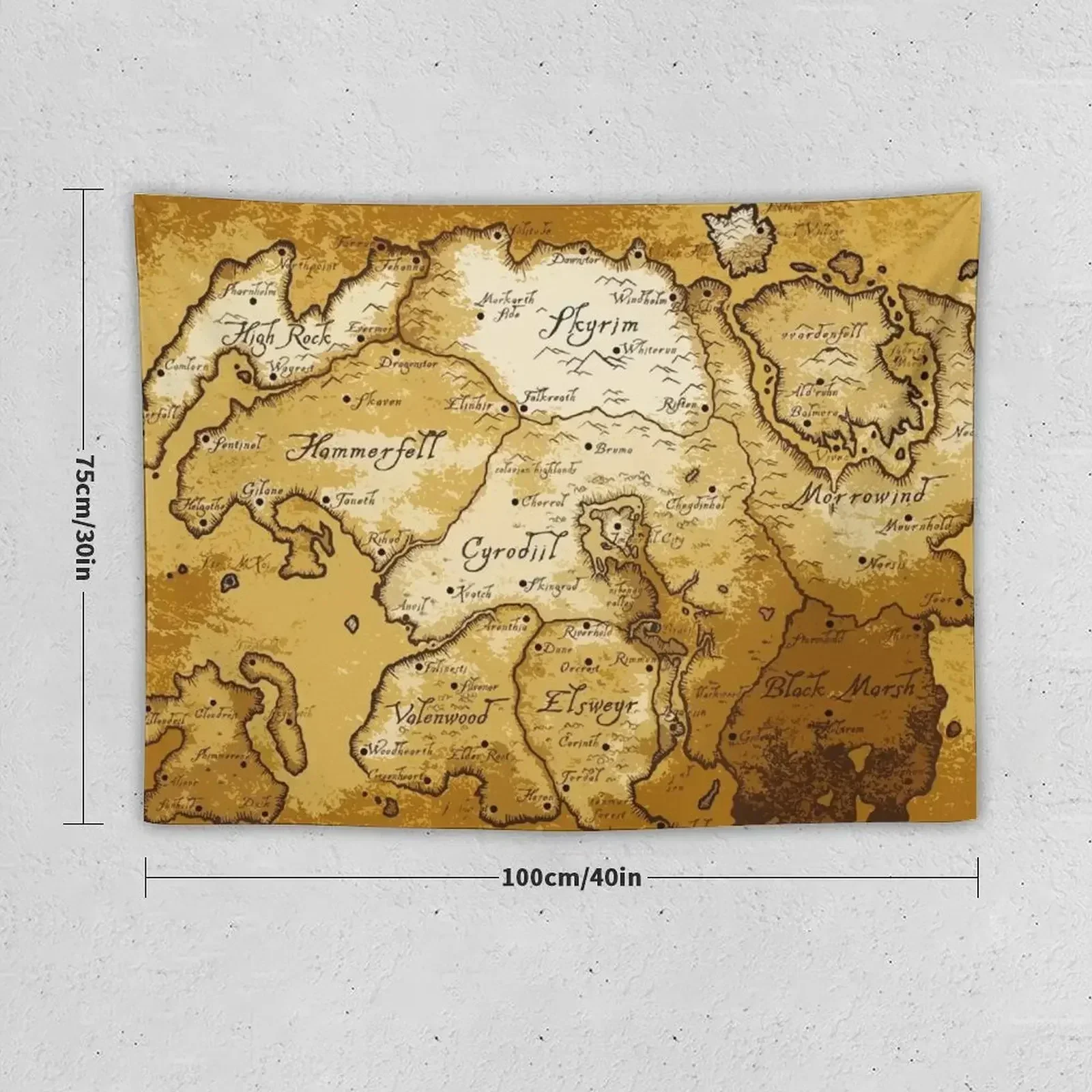 Aged Scrolls Fantasy Map Vector Minimalist Ancient RPG DnD Tamriel Elder ESO Online Summerset Tapestry House Decor Tapestry