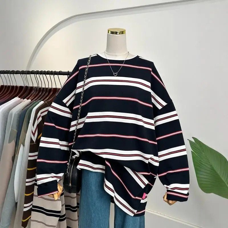 Extra Large 300 Pounds Long Sleeve T-Shirt Unisex Loose Fit round Neck Spring Autumn Stripe Pattern Casual Top for Teens