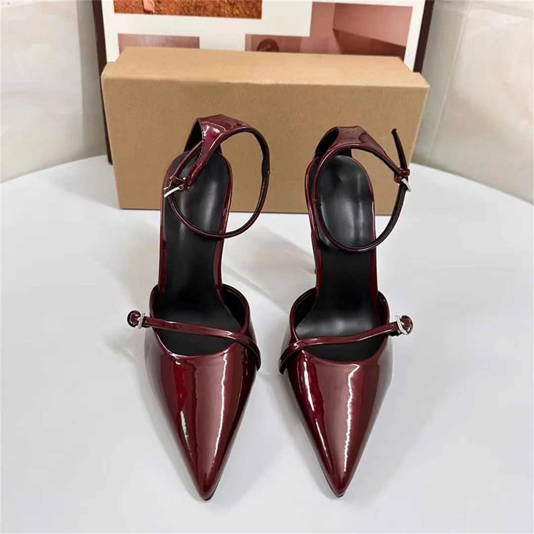 Burgundy Pointed-Head Closed Toe Stilettos Women 2025 Metal Ankle Strap High Heel Pump Shoes Elegant Thin Heel Sandals For Woman