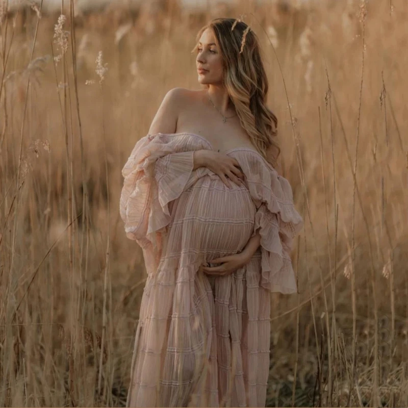 Boho Style Pregnant Woman Photoshooting Pleat Chiffon Dress Baby Shower Maxi Dresses Maternity Photo Props Dress