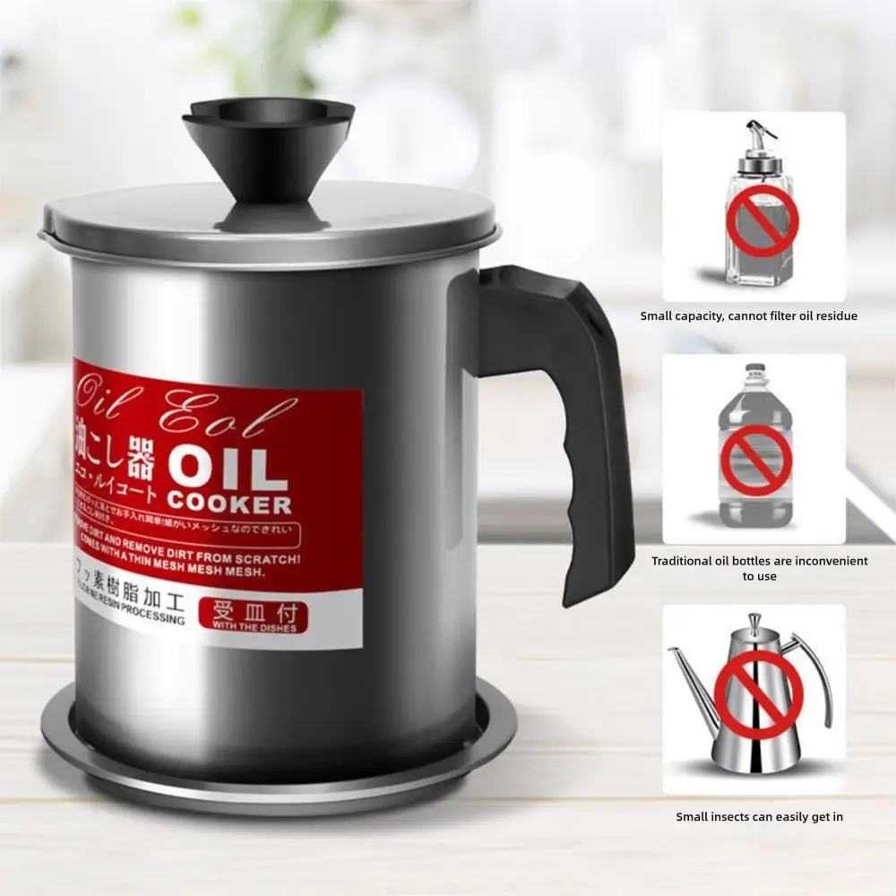 

Stainless Steel Cooking Oil Jar Silver with Tray&lid Grease Keeper Pot 1.4/1.7/2L Corrosion Preventive