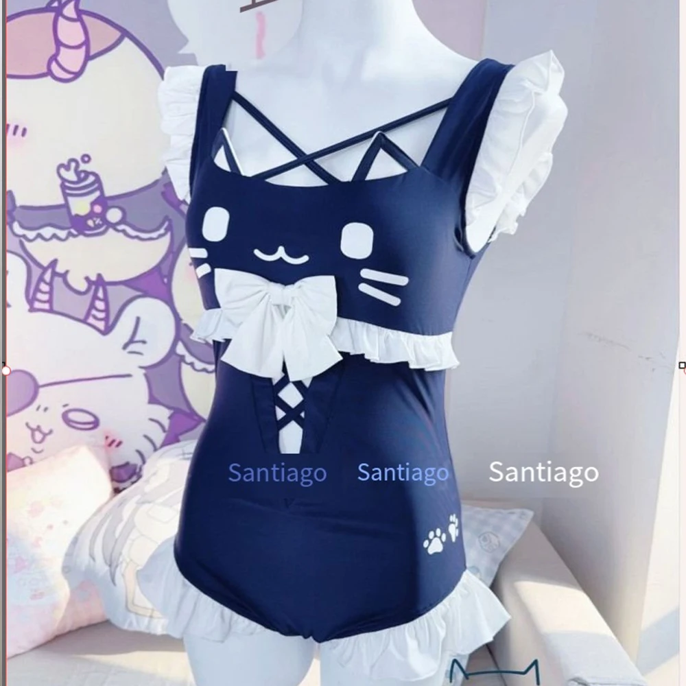 Japanese Women's Sweet and Cute Kawaii Bikini Lace Bow Cat Collar One-Piece Swimsuit Cute Girl Sweet Ruffled Edges 2026 New Item