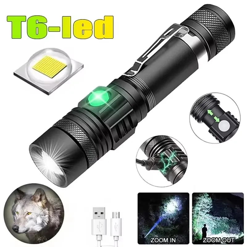 4000LM Super Bright Flashlight T6 LED USB Rechargeable Torch 4 Lighting Modes Zoomable Tactical Flashlight For Outdoor Camping