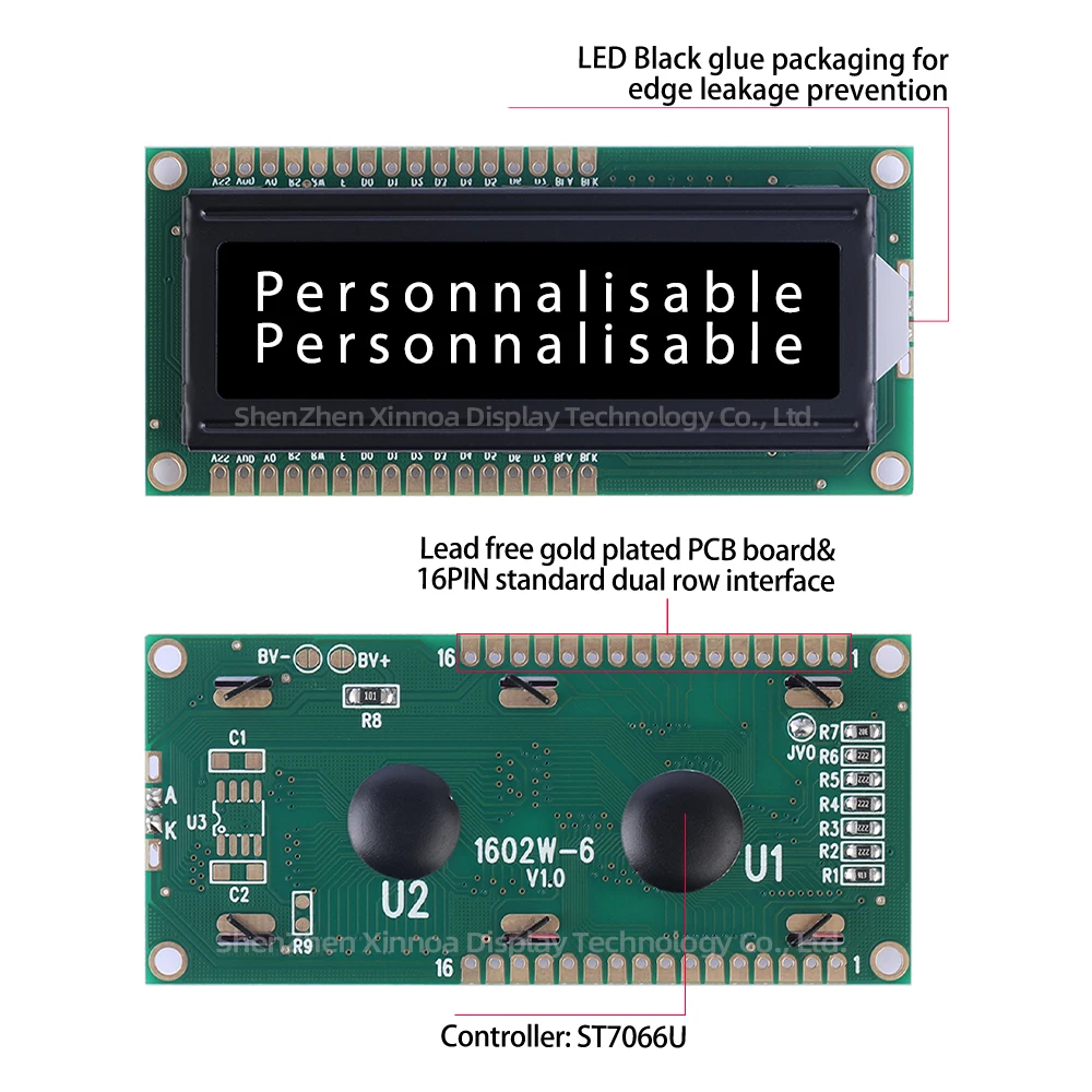 Quality Assurance 16 * 2 Double Row 16PIN 64 * 16MM Large Window 1602W-6 European LCD Display BTN Black Film White Text