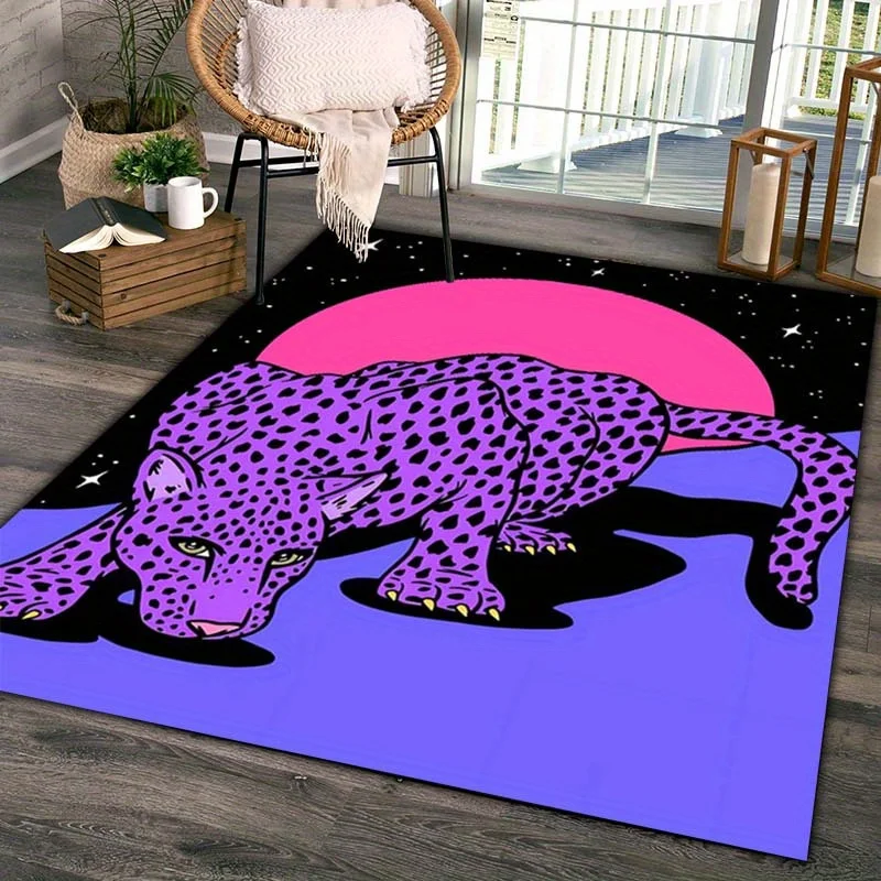 Purple Leopard Doormat, Neon Animal Entrance Rug, Vaporwave Floor Mat, Cool Wild Cat Carpet, Non-slip Living Room Decor