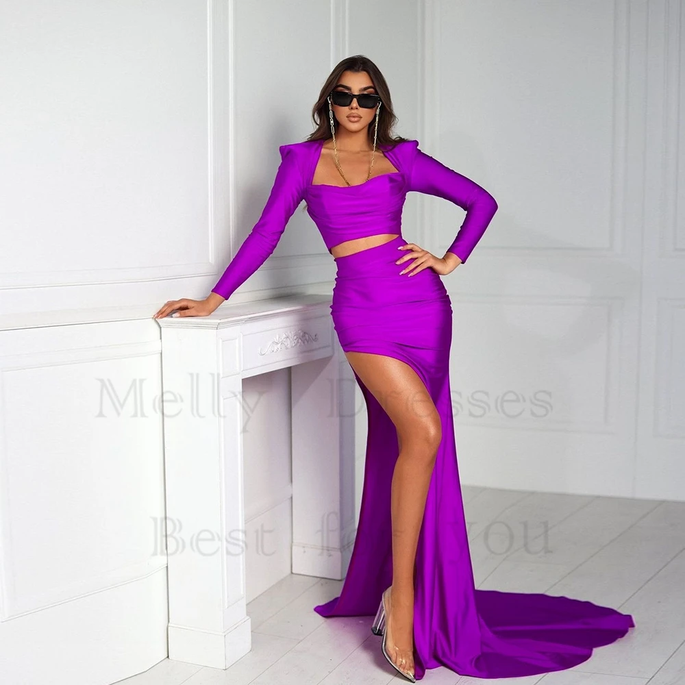 

Charming Purple Evening Dresses for Women 2024 Summer Full Sleeve Prom Gowns with Pleat Side Slit Robe De Soirée Zipper Bacj