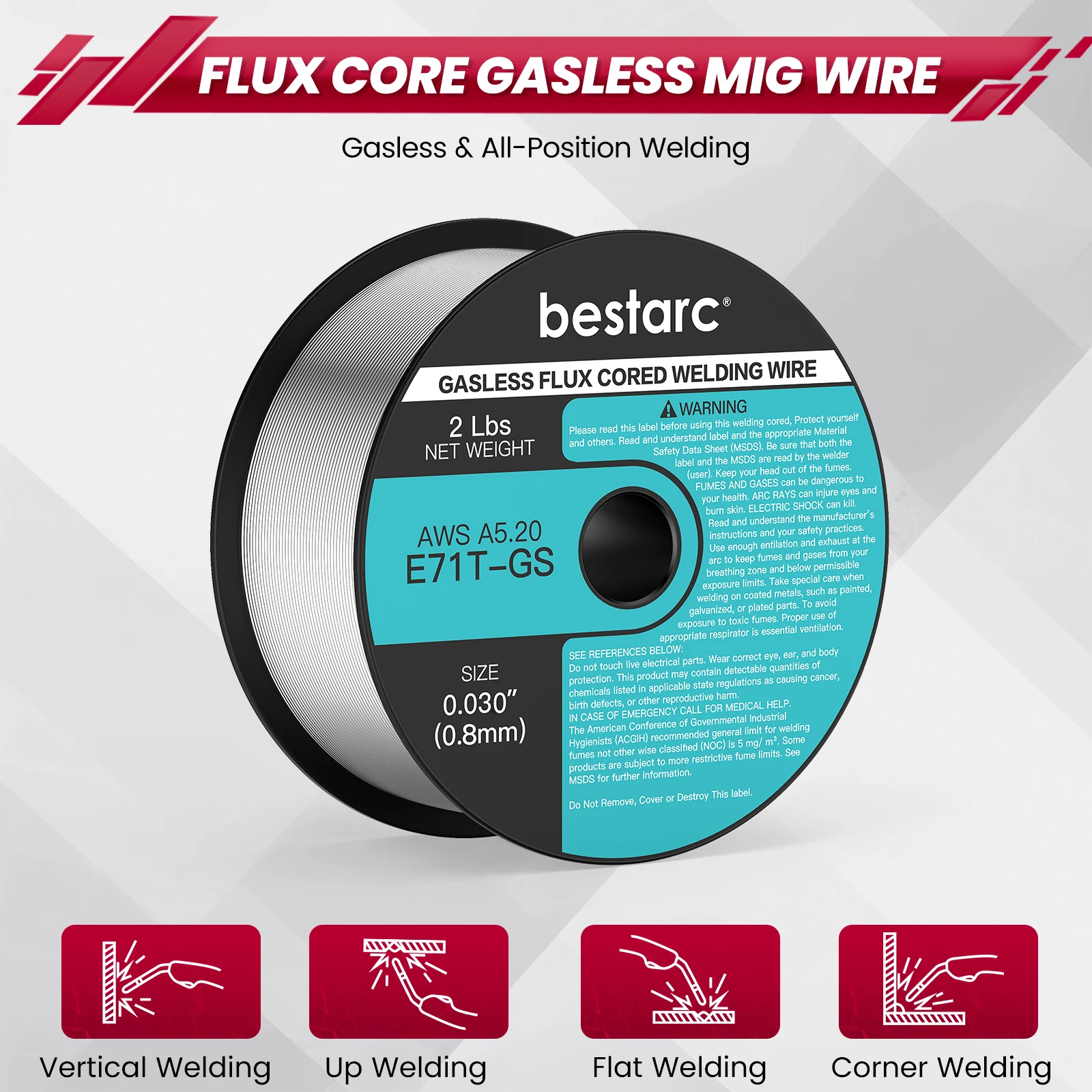 bestarc Flux Core Welding Wire, 0.030” E71T-GS Gasless MIG Wire, Mild Steel MIG Welding Wire with Low Splatter, 2-Pound Spool