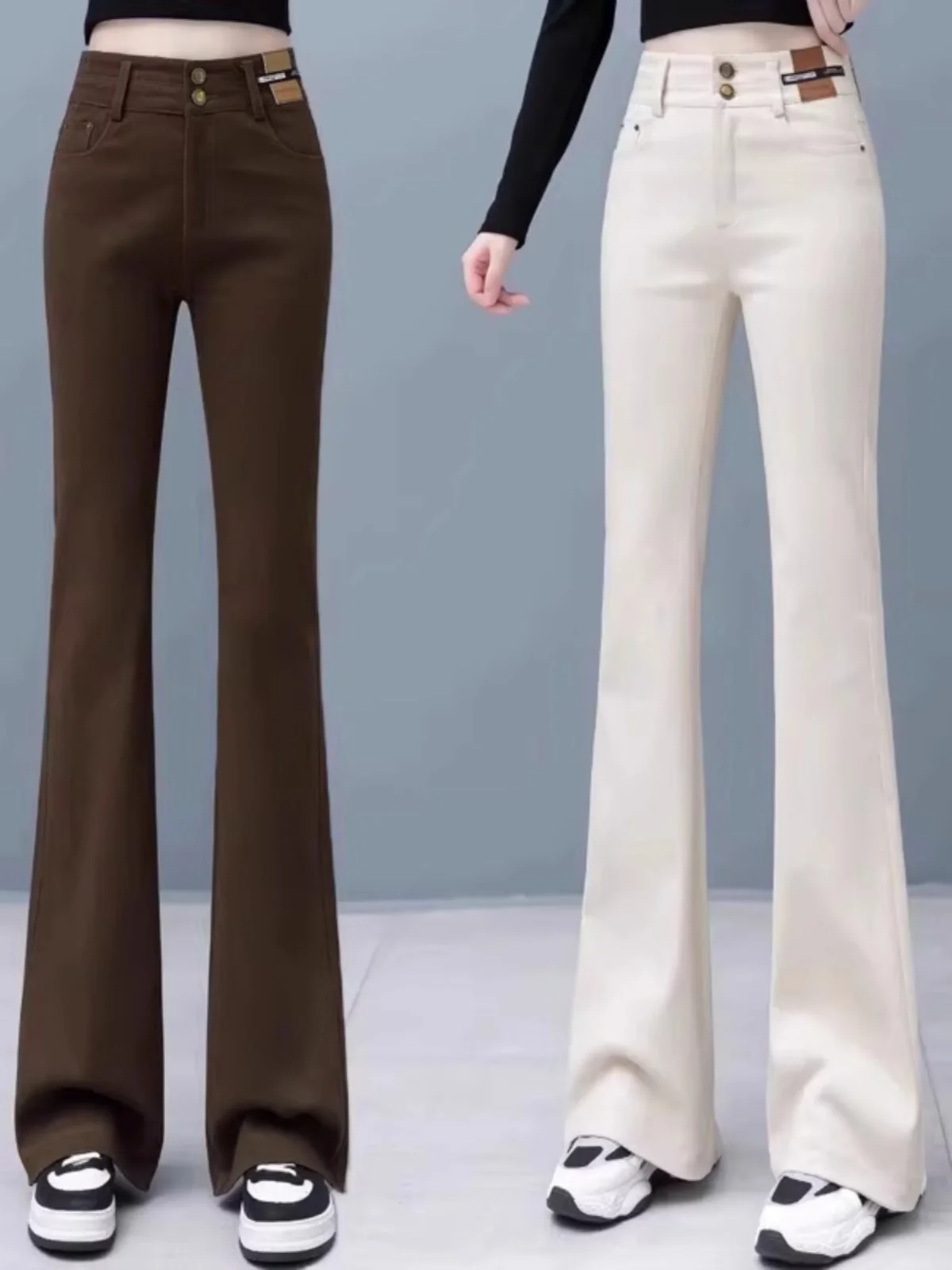 

High Waist Fce Lined Slim Fit Flared Jeans Women's Autumn Faion Casual Bla Denim Pants Trousers for Ladies