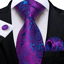 Elegant Purple and Blue Paisley Men's Wedding Business Formal Elegant Neck Tie Set Pocket Square Cufflinks Gift for Husband