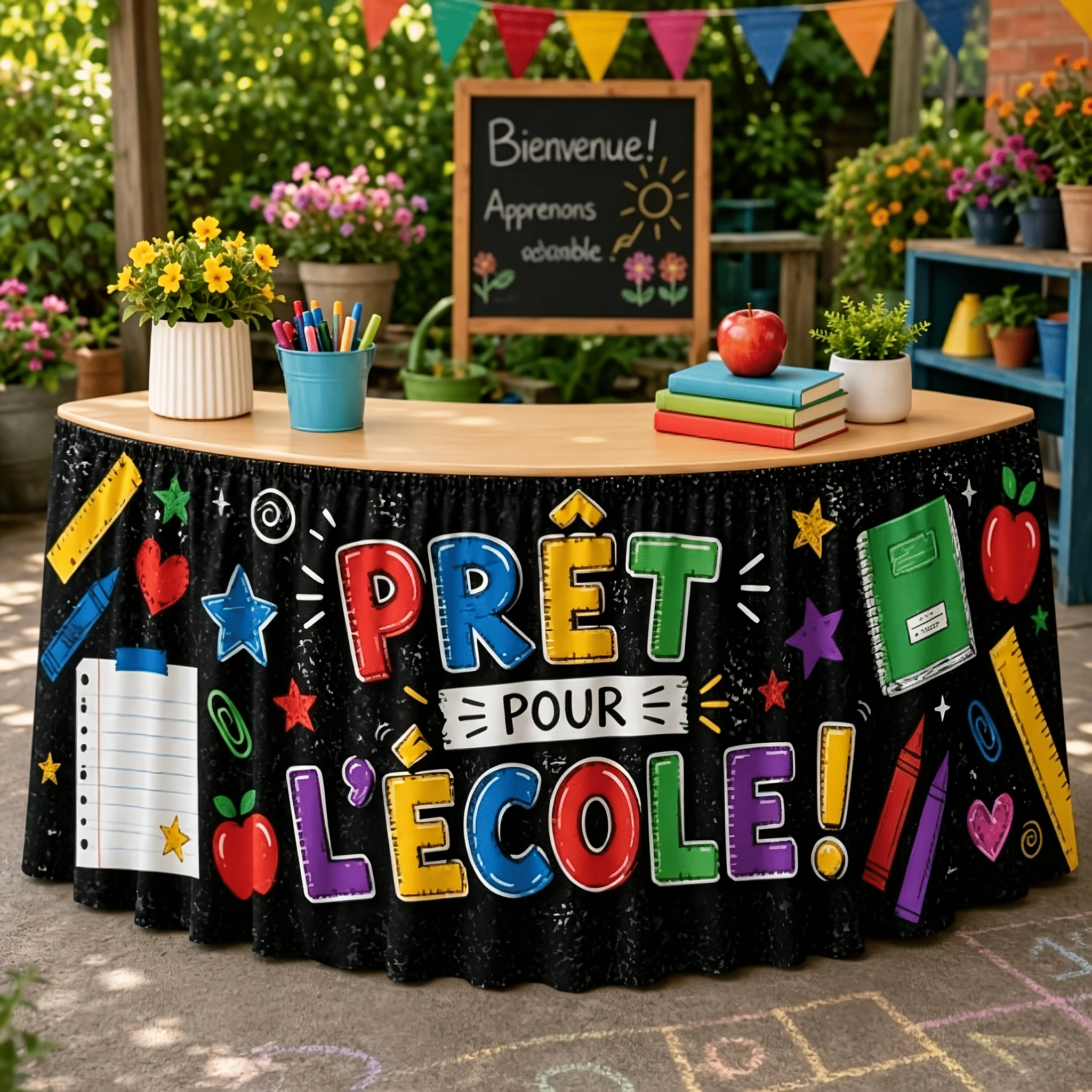 1-Pack of back-to-school themed table skirts, suitable for pie, classroom desk decoration - black base color with crayons