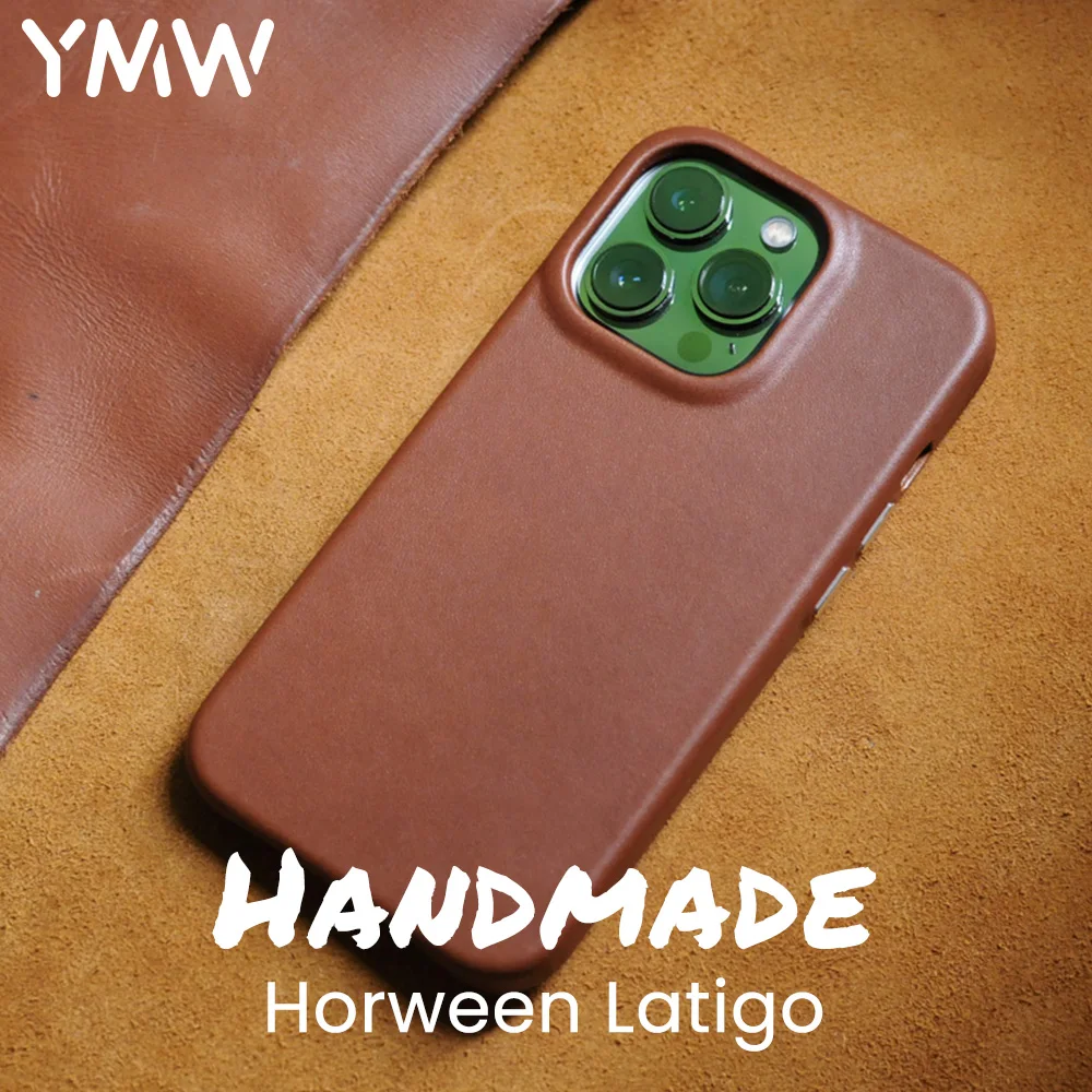 

YMW Horween Handmade Genuine Leather Case for iPhone 14 Pro Max 13 mini Luxury Business Vegetable Tanned Cowhide Phone Cover.