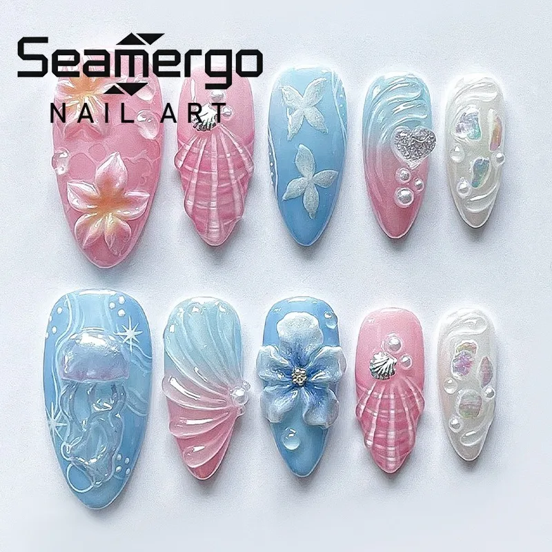 24PCS Pink Blue Gradient Almond Press on Nails Ocean Mermaid Style Nail Tips 3D Jellyfish Flower Shell Fake Nails Beach Vacation