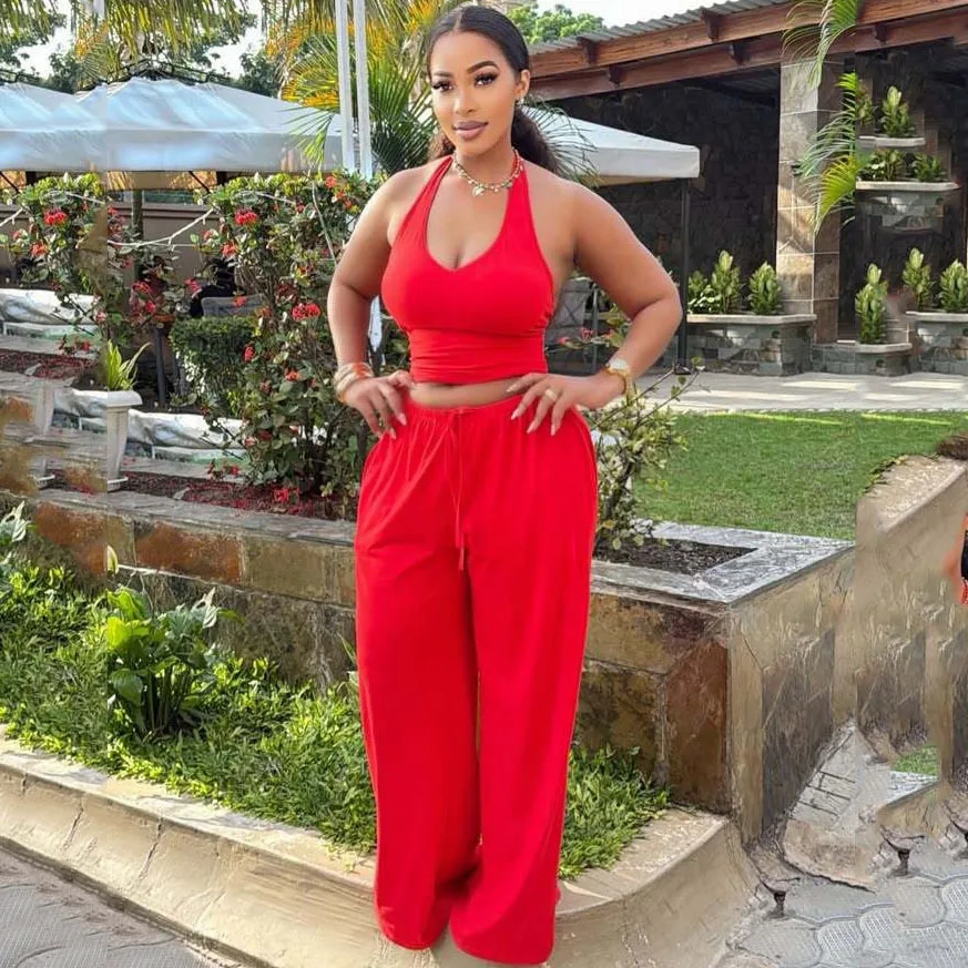 

Fashion Casual Sporty Style Pants Sets Women Sexy Low Cut Halter Neck Cropped Top Wide Legs Trousers Two Piece Set Female Red