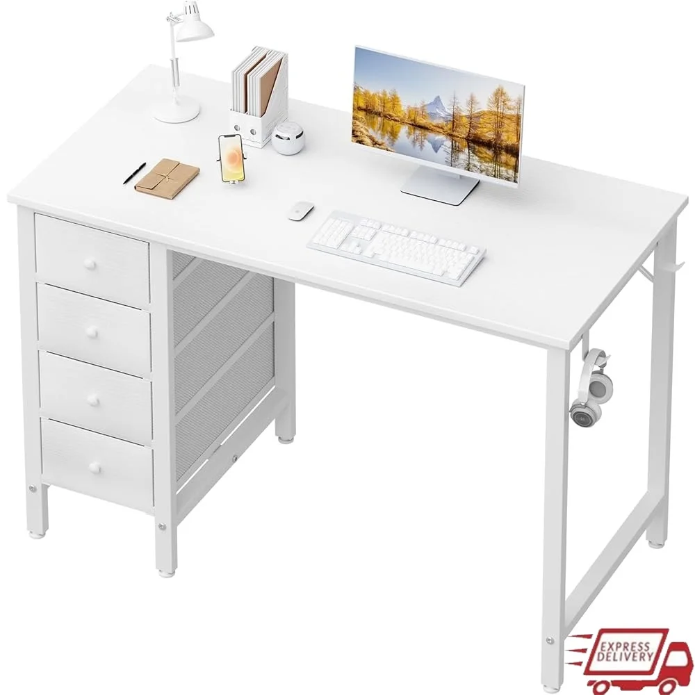 

Compact White Desk with Fabric Drawers Study Writing Table Kids Teens Bedroom Office Freestanding Computer Workstation Easy
