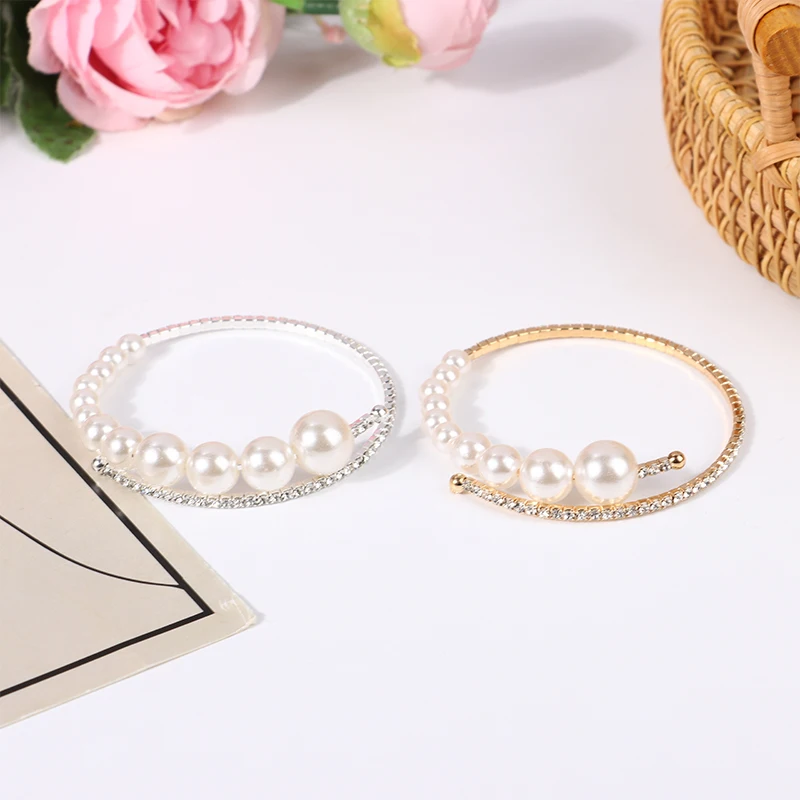 Trendy Rhinestone Jewelry Pearl Bracelets Pearl Jewelry For Women Crystal Open Bangles Gifts