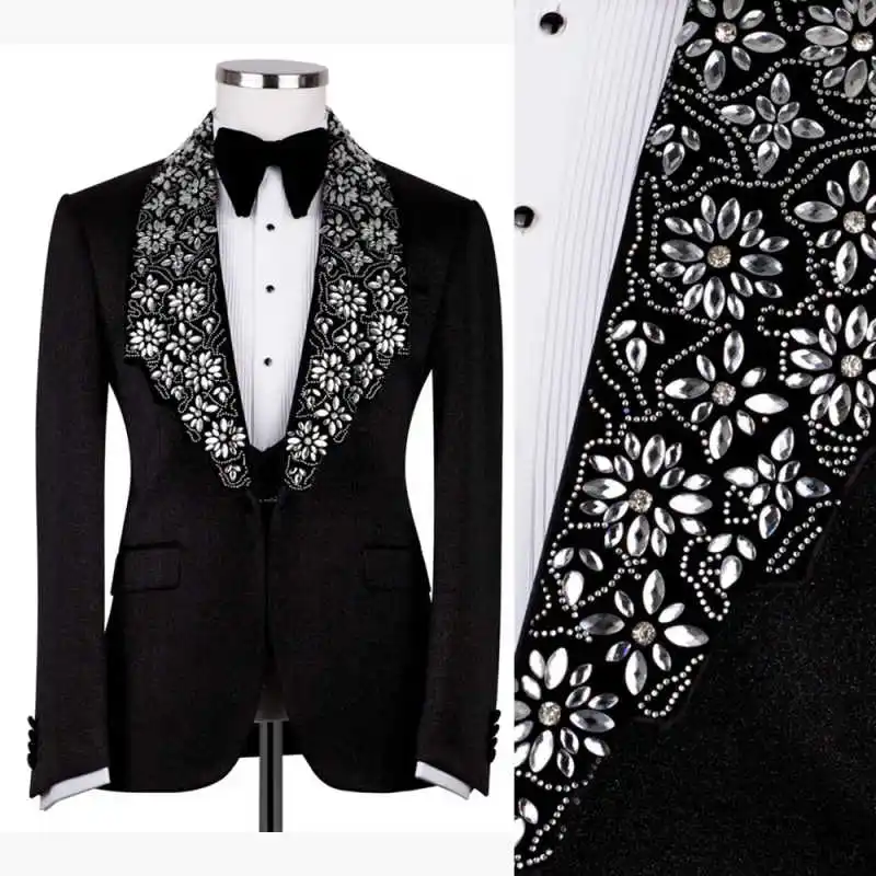

Luxury Beaded Tuxedos Shawl Lapel One Button Customized Blazer Casual Business Crystal Jacket Pants 3 Pieces Set