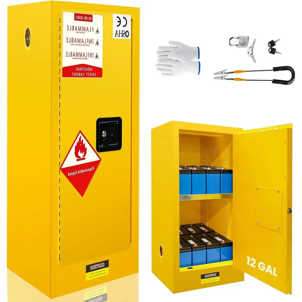 

Шкаф для хранения легковоспламеняющихся веществ, одобренный OSHA, объемом 12 галлонов, с самозакрывающейся дверцей, регулируемыми полками и лотками для сбора проливов, для промышленного и строительного применения