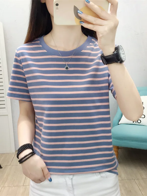 

Striped Loose Fit Short Sleeve T-Shirt Women's Midlife Summer Versatile Slimming Large Size Mom Fashionable Top
