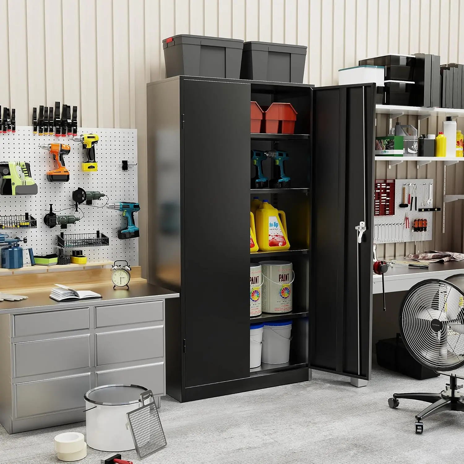 Storage Cabinet with Doors and Shelves, Metal Garage Storage Cabinets with Lock, Black Lockable Steel Supply Cabinet for Home