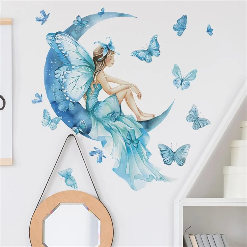 1Pc Cute Blue Girls Butterflies On The Moon Wall Stickers For Kids Room Decor Children Bedroom Decoration Living Room Wall Decal