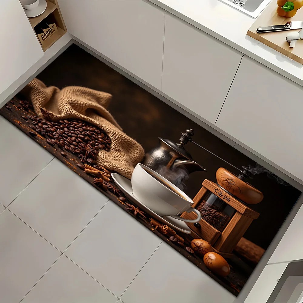 Vintage Coffee Themed Kitchen Mat with Coffee Beans & Cup Print, Non-Slip Washable Durable Runner Rug for Kitchen, Cafe & Home