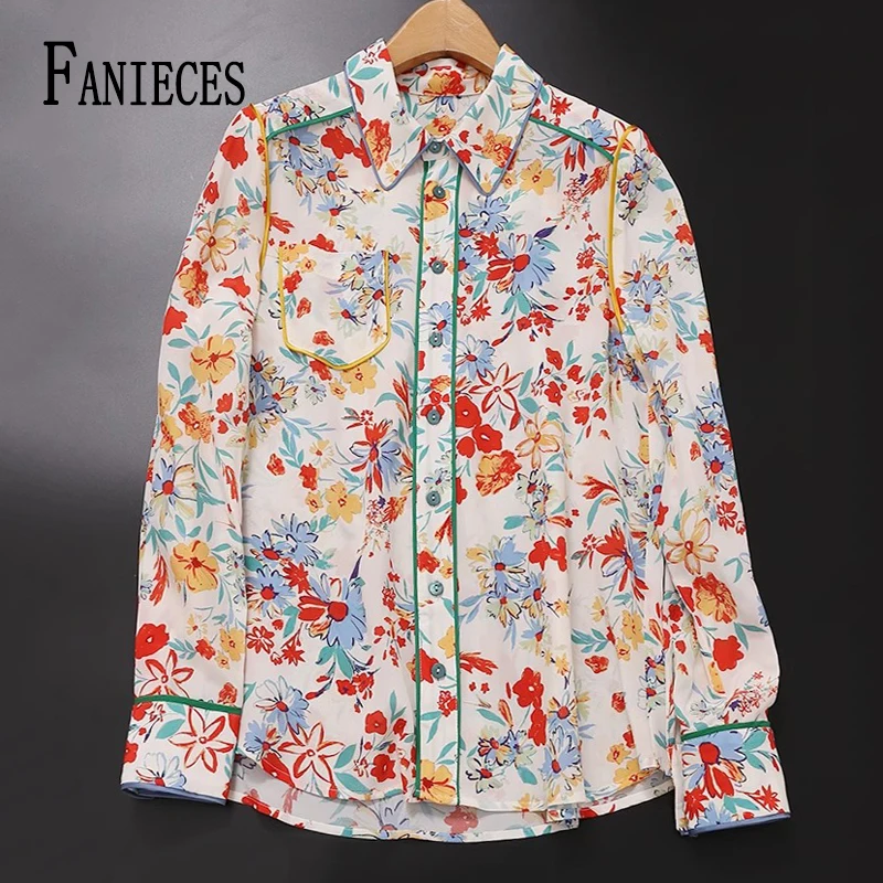 

FANIECES Floral Print Women Chiffon Shirts Long Sleeve Spring Autumn Tops Lapel Button-up Vintage Blouses قمصان وبلوزات camisas