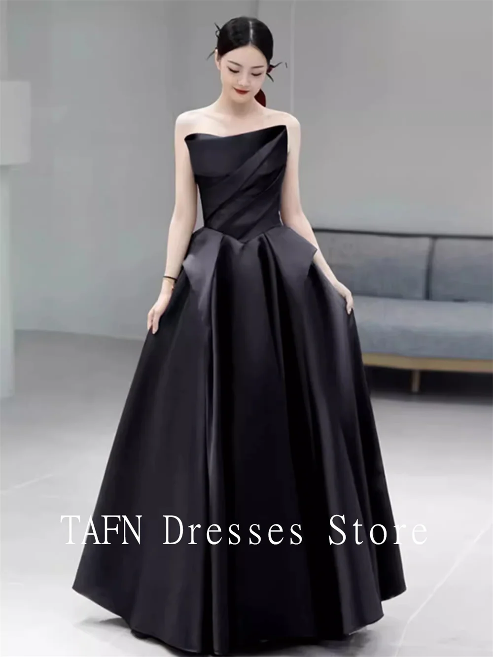 TAFN 블랙웨딩드레스 Black Wedding Dresses Strapless A-line Sleeveless Simple Bridal Gown Custom Made Satin Draped Photo Shoot Gown