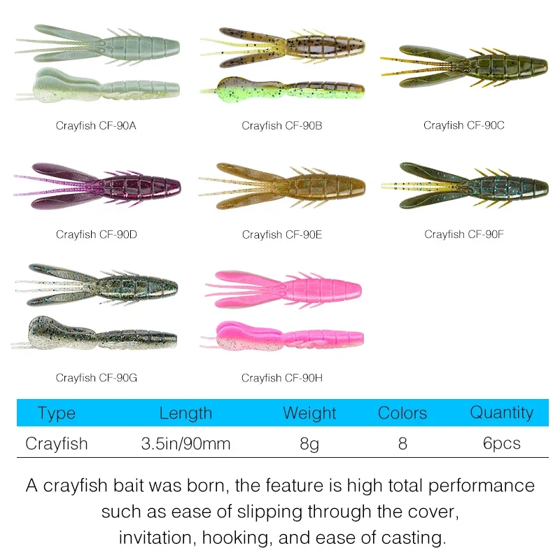 TSURINOYA CRAYFISH 90mm 8g 6pcs Creature Bait Claw Soft Plastic Add Scent Salt flipping Punching Shaky Heads Bass Fishing Lure