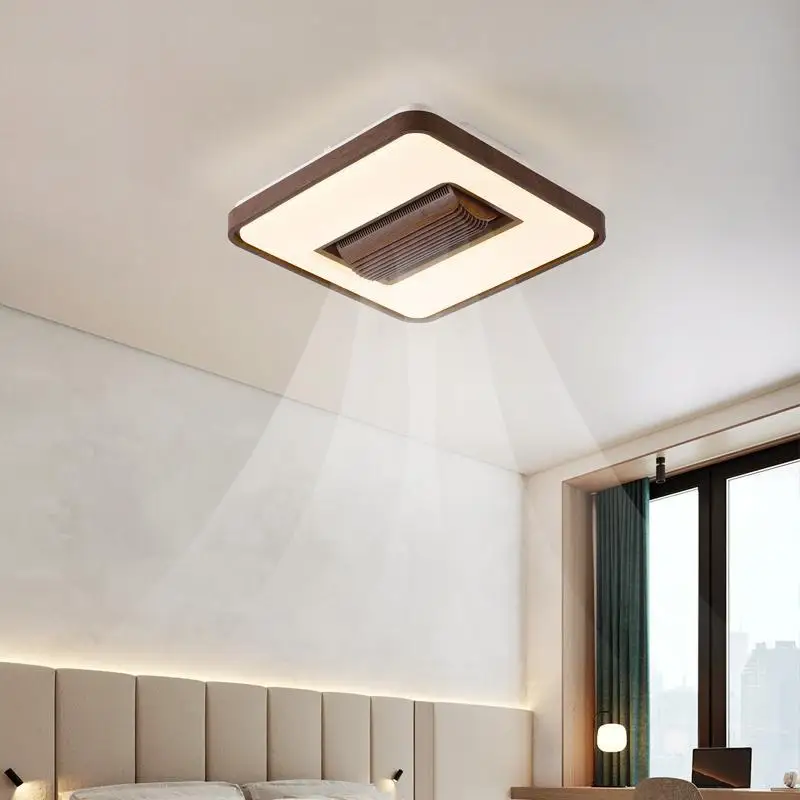 

Living room bladeless fan light silent invisible ceiling light walnut new Chinese three-proof wood grain lamp