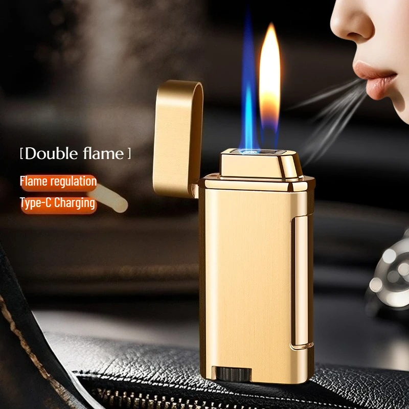 

Personalized Black Technology Voice-controlled Smart Lighter Inflatable Double Fire Open Fire Blue Flame Men's Cigarette Lighter