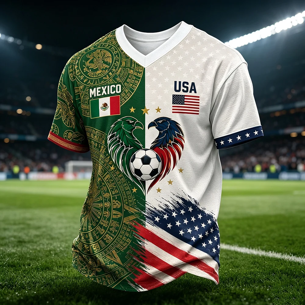 Mexico USACombined National Flag Football Jersey Men Short Sleeve 3D Print Aztec Eagle Soccer Fan Casual Sports Family Kids Tees
