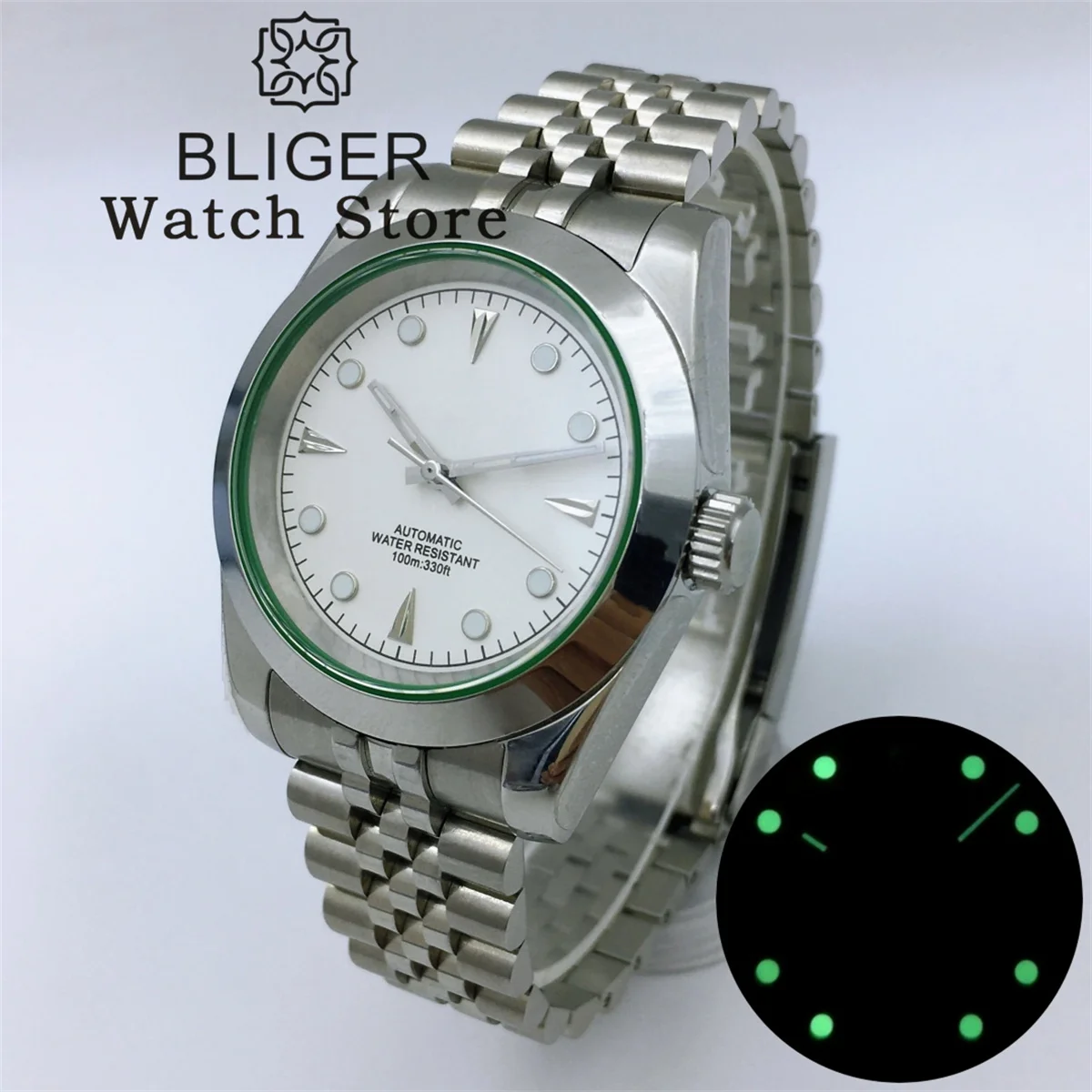 

BLIGER 36mm 39mm NH35 PT5000 MIYOTA Selfwinding Waterproof Wristwatch Men Polished Case Green Edge Sapphire Glass Jubilee strap