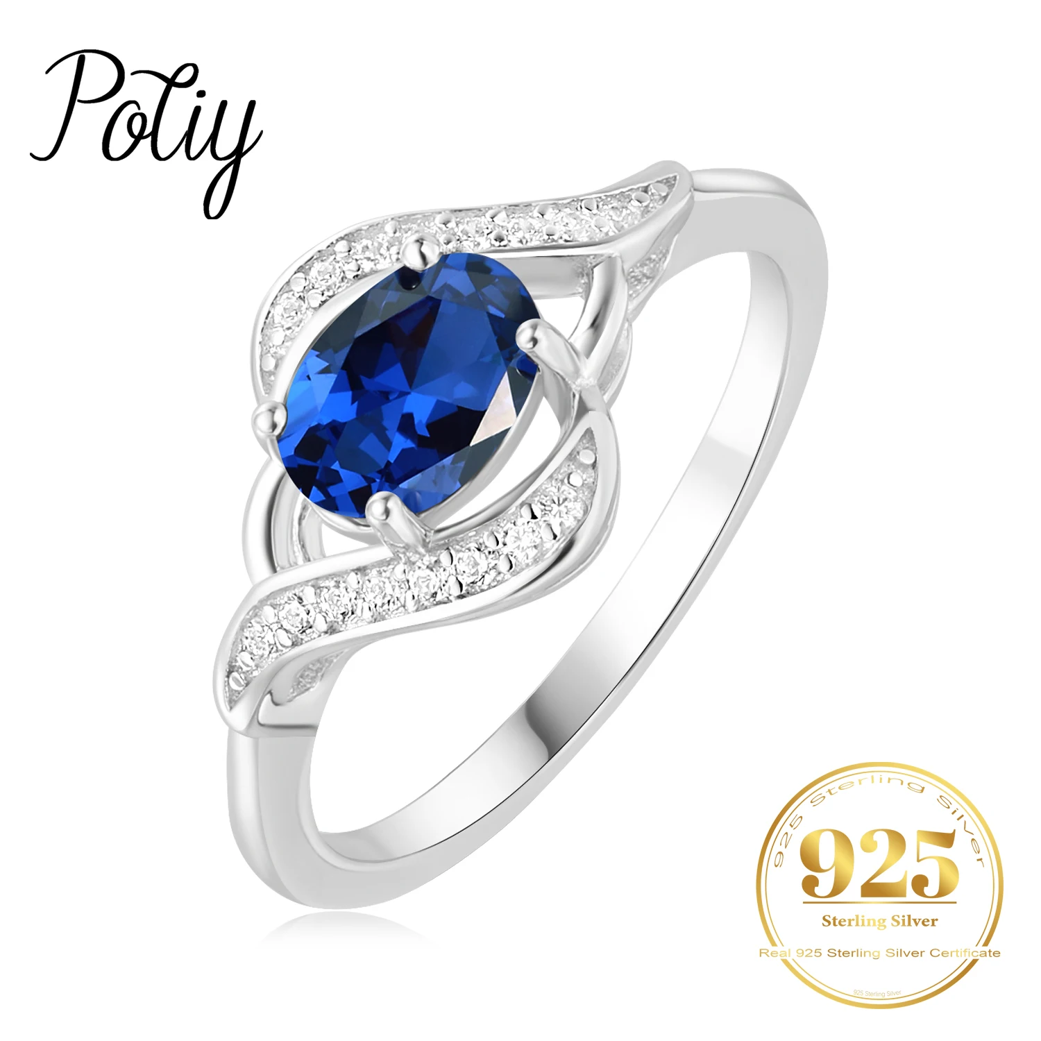 

Potiy Oval Created Blue Sapphire 925 Sterling Silver Ring for Women Statement Halo Engagement Gemstone Jewelry gift valentines