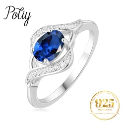 Potiy Oval Created Blue Sapphire 925 Sterling Silver Ring for Women Statement Halo Engagement Gemstone Jewelry gift valentines